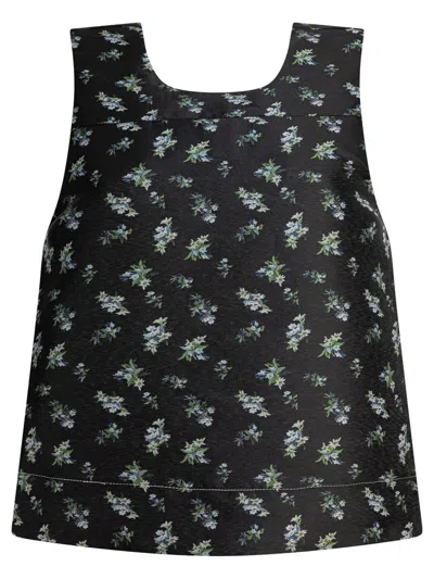 Ganni Jacquard Floral Sleeveless Open Neck Top In Black