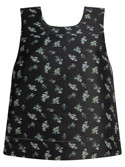 Ganni Jacquard Floral Sleeveless Open Neck Top In Black