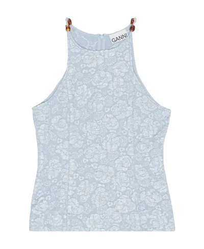 Ganni Sleeveless Stretch Jacquard Top In Sky Blue