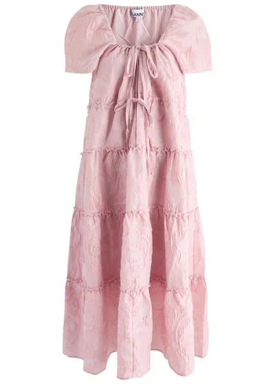 Ganni Floral-jacquard Tiered Cloqué Maxi Dress In Pink