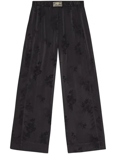 Ganni Floral-jacquard Trousers In Black
