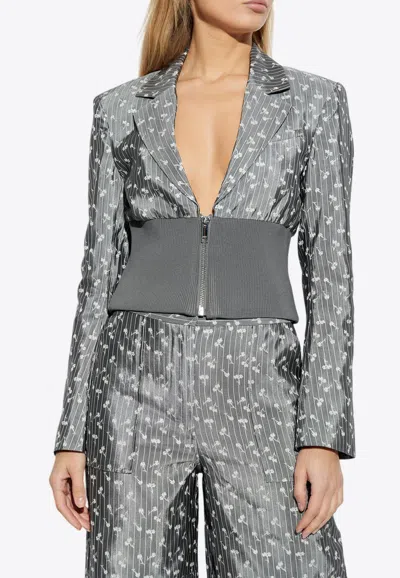 Ganni Floral Jacquard Zip-up Blazer In Gray
