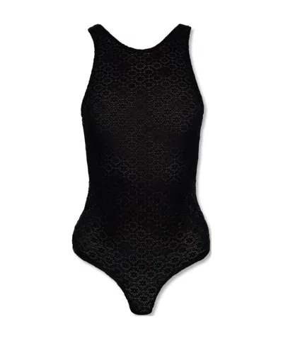 Ganni Floral-lace Bodysuit In Black