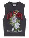 Ganni Floral Embroidered Wool Sleeveless Top In Black