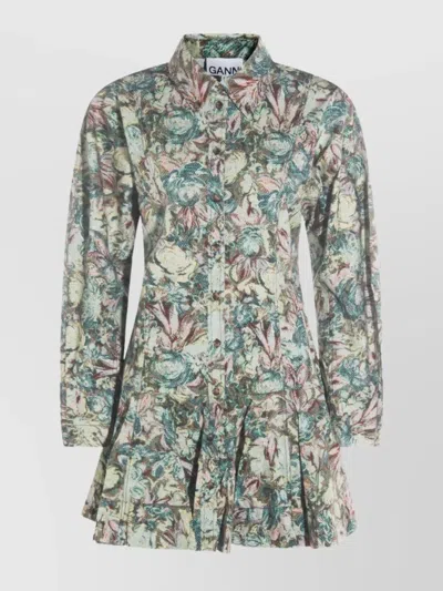 GANNI FLORAL LONG SLEEVE DRESS WITH PLEATED SKIRT