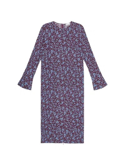 Ganni Floral Long-sleeve Midi Dress In Purple