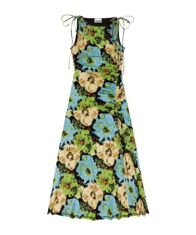 Ganni Floral Lycra Jersey Gathered Dress In Multicolour
