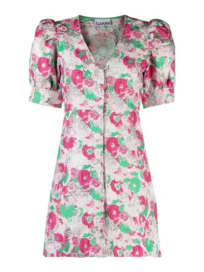 Ganni Multicolor Button Down Mini Dress With 3d Jacquard Floreal Motif In Floral