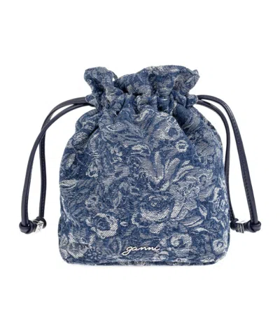 Ganni Floral Motif Drawstring Denim Bum Bag In Blue