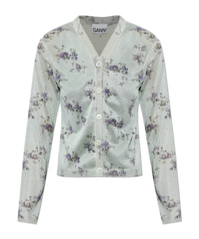 Ganni Floral-print Metallic-effect Cardigan In Green