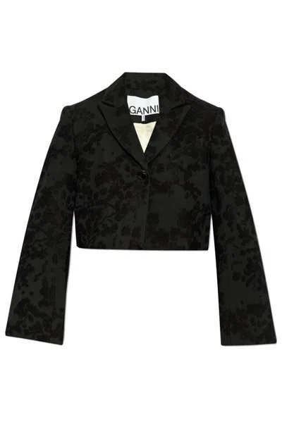 Ganni Black Boucle Jacquard Suiting Cropped Blazer