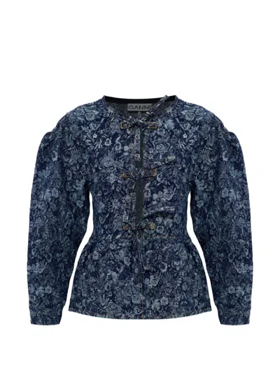 Ganni Floral-pattern Denim Blouse In Blue