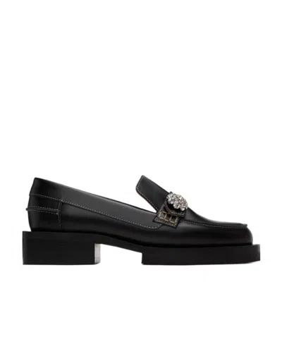 Ganni Floral-plaque Leather Loafers In Black