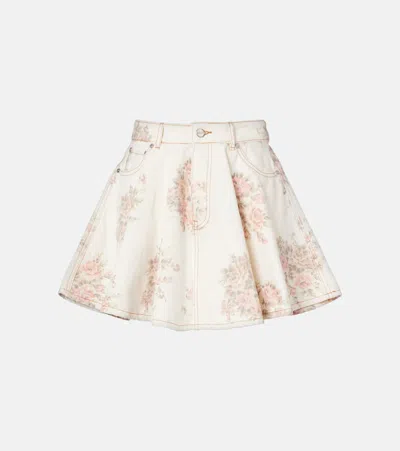 Ganni Floral Pleated Denim Miniskirt In Multi