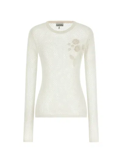 Ganni Pointelle Knit Sweater Floral Embroidery Sheer In Neutral