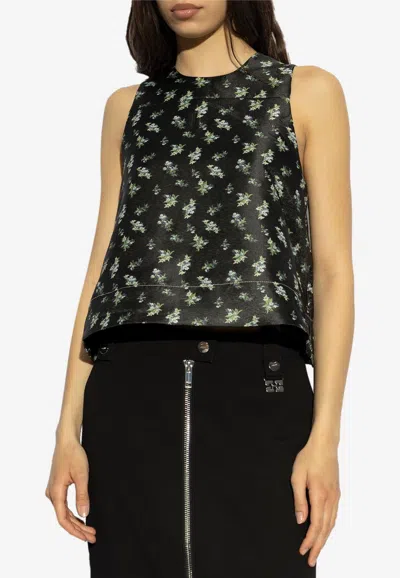 Ganni Floral Print Belted Sleeveless Top In Black