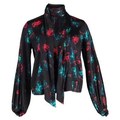Ganni Floral Print Blouse In Black Silk