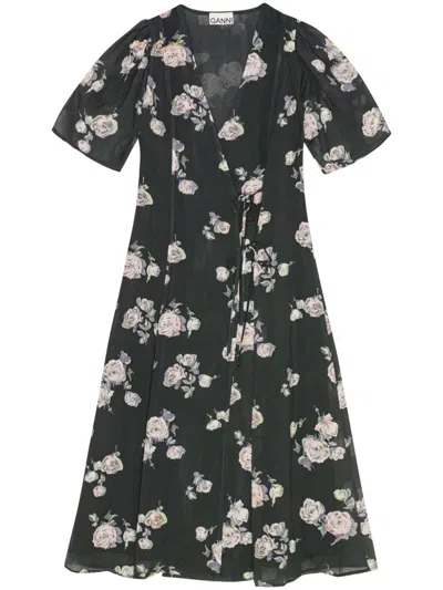 Ganni Floral-print Crepe Wrap Midi Dress In 771 Climbing Ivy