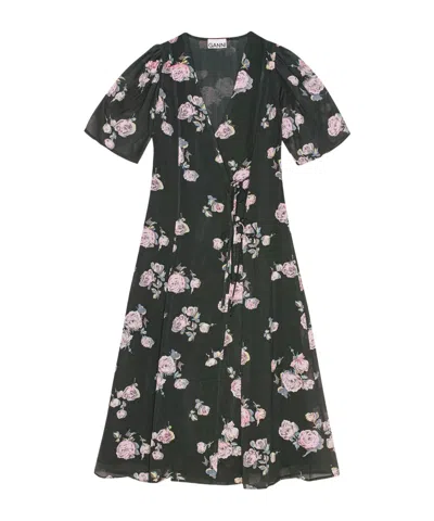 GANNI BLACK FLORAL CREPE WRAP MIDI DRESS