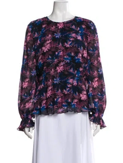 Pre-owned Ganni Floral Print Crew Neck Blouse In Black