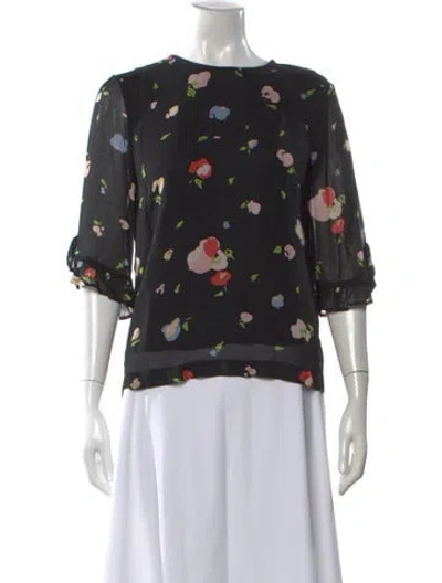 Pre-owned Ganni Floral Print Crew Neck Blouse In Black