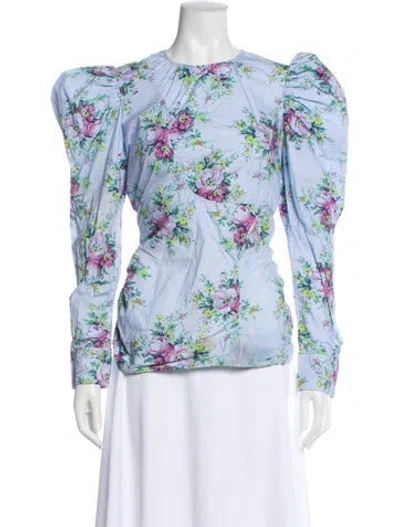 Pre-owned Ganni Floral Print Crew Neck Blouse In Blue