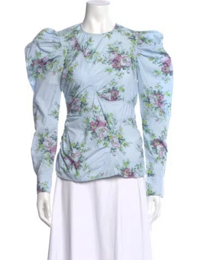 Pre-owned Ganni Floral Print Crew Neck Blouse In Blue