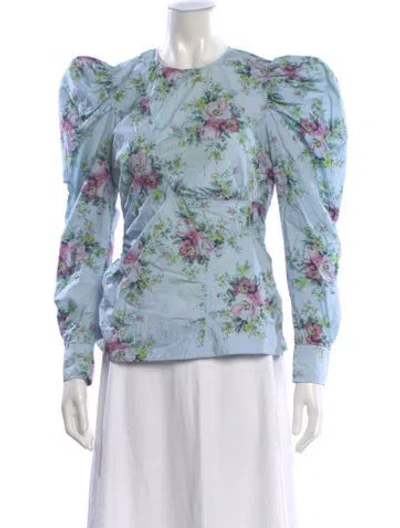 Pre-owned Ganni Floral Print Crew Neck Blouse In Blue