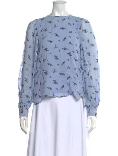 Pre-owned Ganni Floral Print Crew Neck Blouse In Blue
