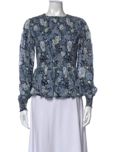 Pre-owned Ganni Floral Print Crew Neck Blouse In Blue