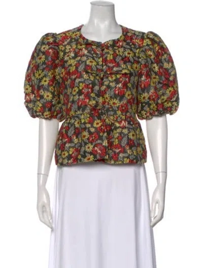 Pre-owned Ganni Floral Print Crew Neck Blouse In Red
