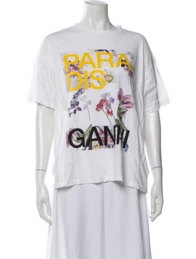 Pre-owned Ganni Floral Print Crew Neck T-shirt In White