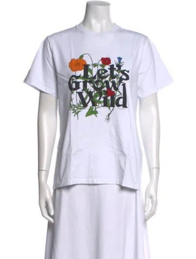 Pre-owned Ganni Floral Print Crew Neck T-shirt In White