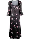 Ganni Floral-print Crinkled Midi Dress In Black