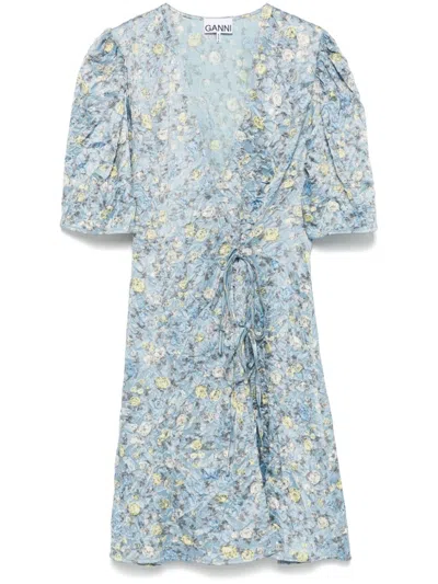 Ganni Floral-print Crinkled Mini Dress In Blue