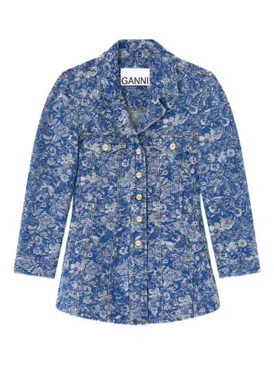 Ganni Jeansjacke Mit Blumen-print In Blue