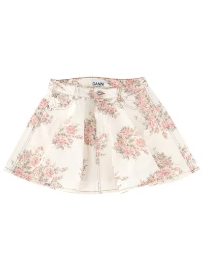 Ganni Floral Print Denim Mini Skirt In Neutral