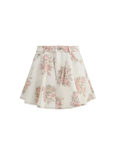 Ganni Floral Print Denim Miniskirt In White