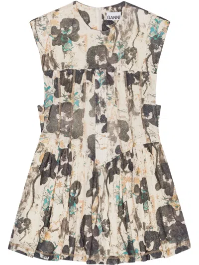 Ganni Floral-print Dress In Neutrals
