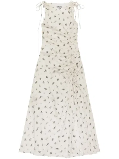 Ganni Satin Flower Maxi Dress With Ruched Detail In White