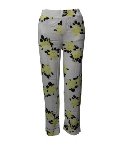 Ganni Floral Print Elastic Waist Trousers In White Viscose