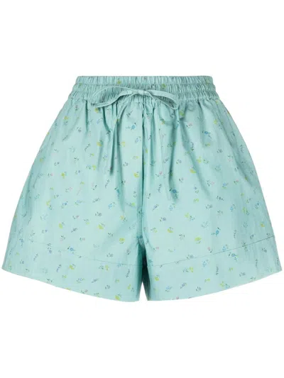 Ganni Floral-print Flared Shorts In Blue