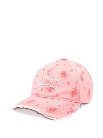 Ganni Floral-print Frayed Baseball Cap In Pink
