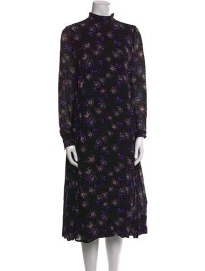 Pre-owned Ganni Floral Print Knee-length Dress In Black