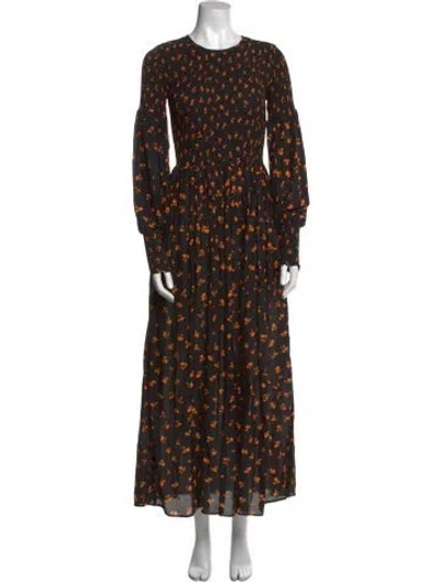 Pre-owned Ganni Floral Print Long Dress In Black