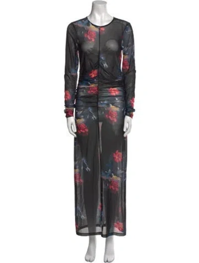 Pre-owned Ganni Floral Print Long Dress In Black
