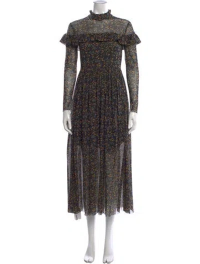 Pre-owned Ganni Floral Print Long Dress In Black