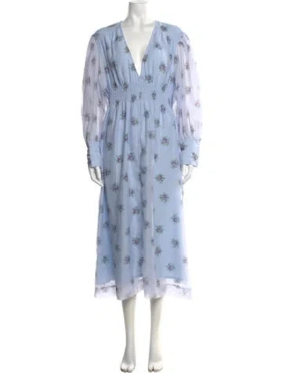 Pre-owned Ganni Floral Print Long Dress In Blue
