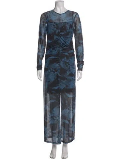 Pre-owned Ganni Floral Print Long Dress In Blue