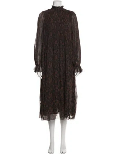 Pre-owned Ganni Floral Print Long Dress In Brown